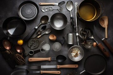 a collection of different cooking utensils, each in their own flatlay, created with generative ai