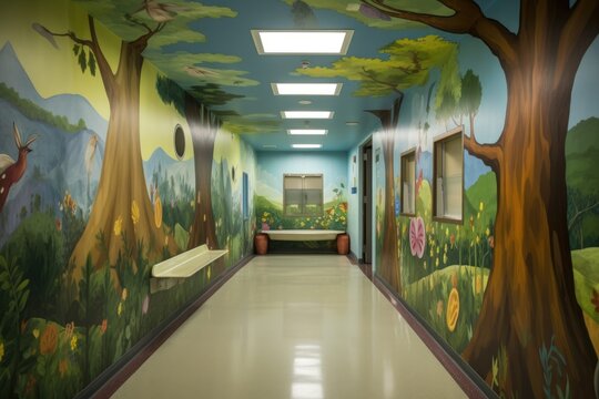 murals painted on walls of children's hospital, bringing joy and comfort to patients, created with generative ai