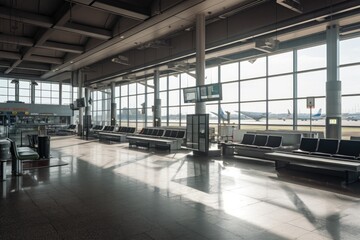 empty terminal with view of bustling airport, showing the contrast between busy and quiet times, created with generative ai - obrazy, fototapety, plakaty