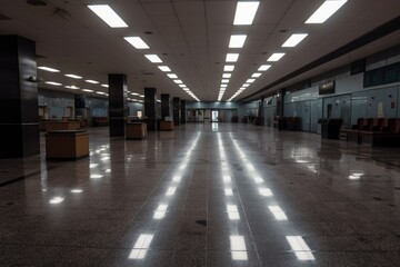 eerie and deserted airport terminal, with only the flickering of emergency lights to keep travelers company, created with generative ai