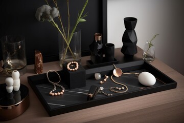 a minimalist and sleek display of accessories, including bracelets, necklaces and rings, created with generative ai