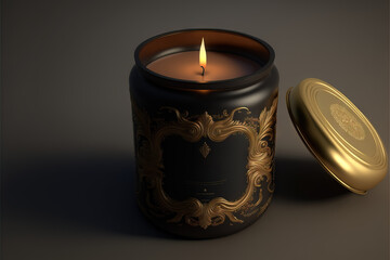 a candle with a gold lid next to a black container with a gold lid and a gold lid on a dark background with a shadow of the candle is in the center of the picture. - obrazy, fototapety, plakaty