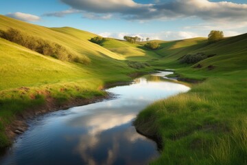 rolling hills with meandering stream, babbling water and reflection, created with generative ai