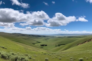 Obraz premium panoramic view of rolling hills with a blue sky, dotted with fluffy clouds, created with generative ai