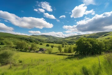 rollinf countryside hills with a clear blue sky, surrounded by fluffy clouds, created with generative ai