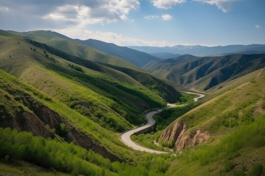 scenic road trip through the mountains, with winding roads and scenic views, created with generative ai