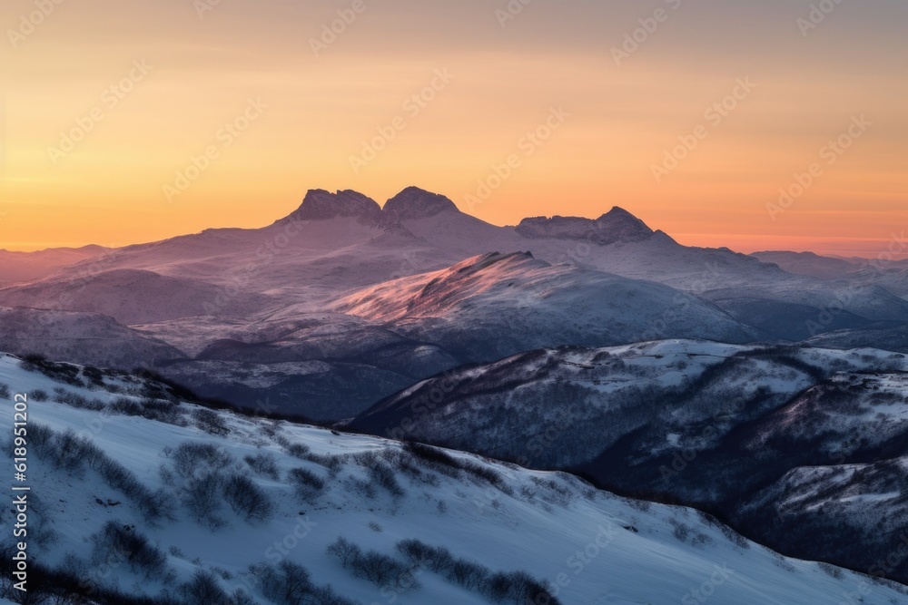 Wall mural snow-capped mountain range at sunrise, with the first rays of sunlight breaking over the horizon, cr