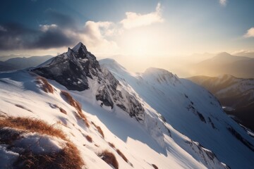 snow-covered mountain range, with the sun shining down, creating a warm and inviting atmosphere, created with generative ai