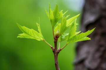 close-up of tree leaves sprouting new growth, created with generative ai