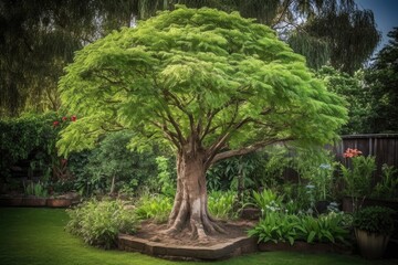 sprouting tree in a peaceful garden setting, created with generative ai