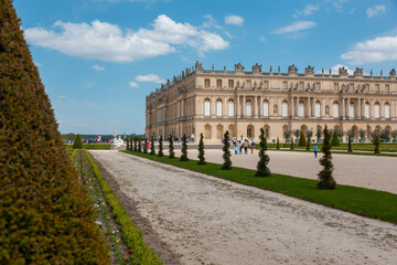 Paris, France - May 20, 2023: exterior, architecture and park outdoors of the Palace Versailles...
