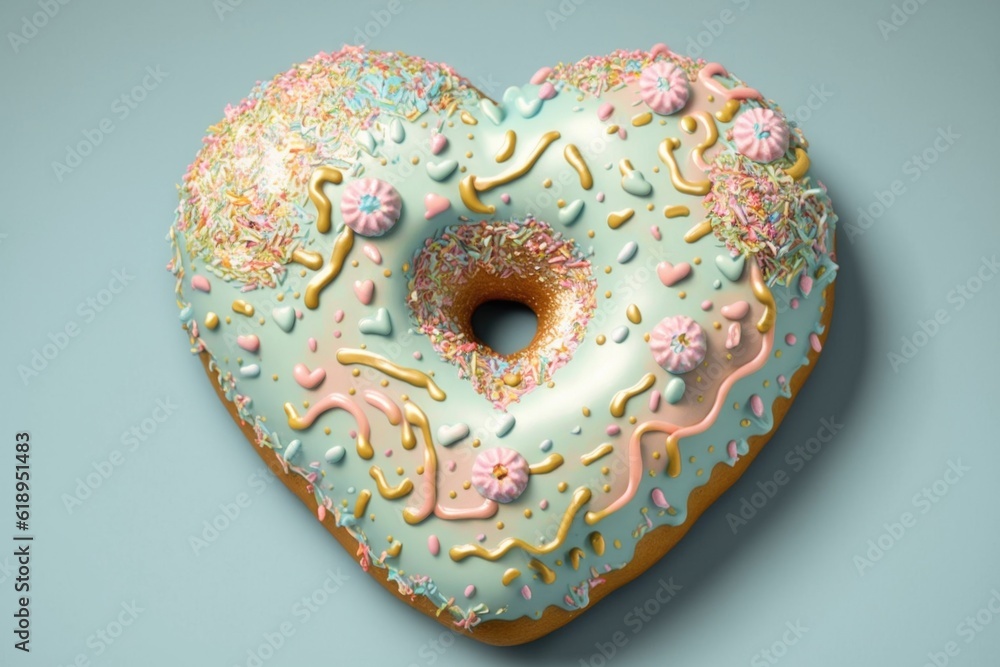 Sticker heart-shaped donut with pastel icing and sprinkles, created with generative ai