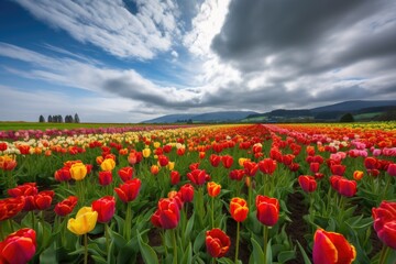vibrant tulip fields with cloudy sky in the background, created with generative ai