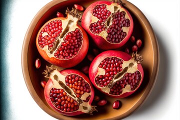 a bowl of pomegranates on a white background with a white tablecloth and a blue table cloth with a white table cloth and a white table cloth with a white table cloth.