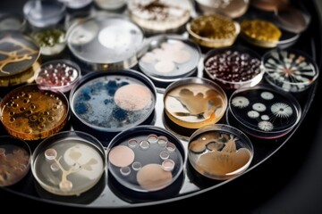 cluster of petri dishes with various cultures, including mold and bacteria, created with generative ai