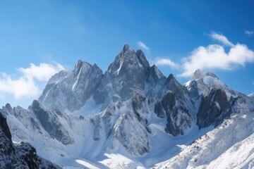 Fototapeta na wymiar snow-covered mountain peaks with blue sky above, created with generative ai