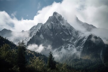 snow-covered peak towering above alpine valley, with clouds floating by, created with generative ai