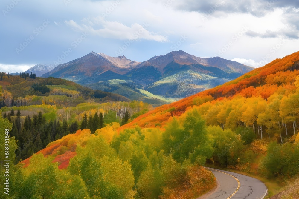 Canvas Prints majestic mountains with vibrant autumn foliage, seen from winding road, created with generative ai