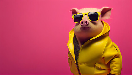 Fototapeta na wymiar A cool looking pig wearing funky fashion dress - bright yellow jacket, vest, sunglasses. Wide pink banner with space for text right side. Stylish animal posing as a supermodel, Created with AI