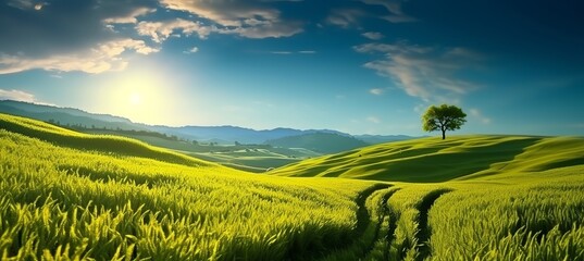 Plakat Beautiful green field landscape with sunshine, made with Generative AI technology