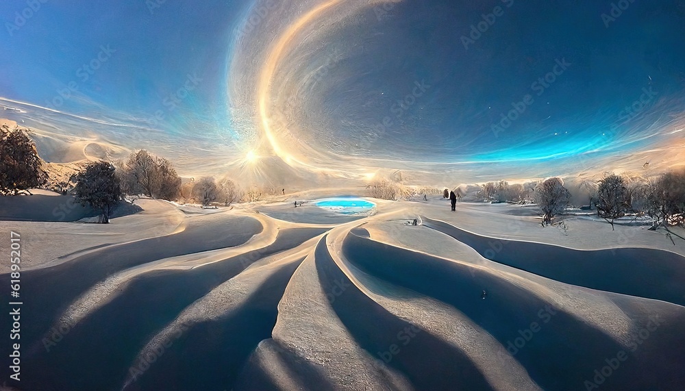 Poster a snow covered field with a sky full of clouds and a person standing in the middle of the field with
