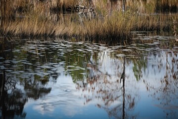 reflection of marshy landscape on still water surface, created with generative ai
