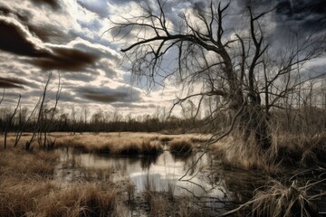 marsh with twisted tree branches and clouds in the sky, created with generative ai