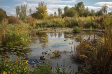 wetland ecosystem, with various plants and animals coexisting in harmony, created with generative ai