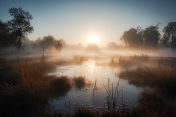 Obraz premium serene wetland at dawn with mist rising from the water, created with generative ai