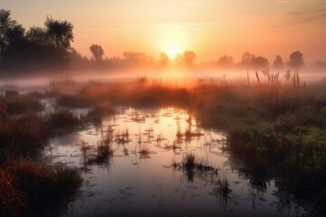 wetlands and marshes in the morning mist, with colorful sunrise, created with generative ai