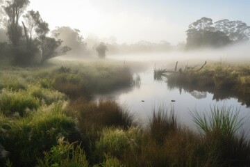 low-lying wetlands, with mist and fog rising from the water, created with generative ai