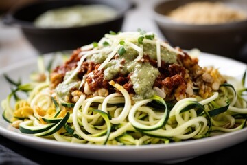 close-up of plate with zucchini noodles, sauce, and other toppings, created with generative ai