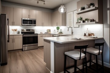 Fototapeta premium decluttered kitchen with sleek appliances and clean countertops, created with generative ai
