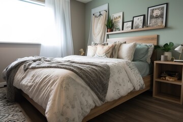 organized and clutter-free bedroom, with neatly made bed and pillows, created with generative ai