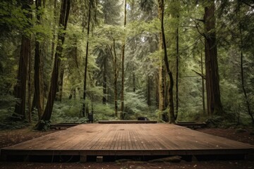 wooden dance floor surrounded by towering trees in the forest, created with generative ai