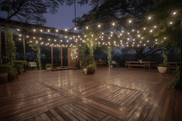 outdoor dance floor surrounded by twinkling fairy lights with magical atmosphere, created with generative ai