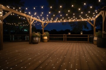 outdoor dance floor with twinkle lights and lanterns, set against the night sky, created with generative ai