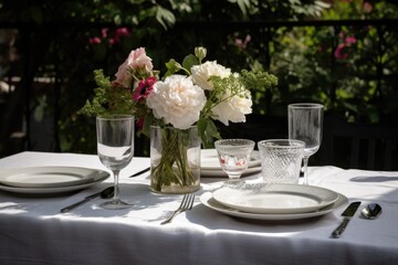 Fototapeta na wymiar simple and elegant outdoor table setting with fresh flowers, white plates, and silverware, created with generative ai