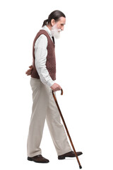 Senior man with walking cane on white background