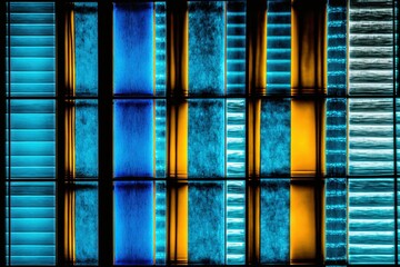 a close up of a window with a blue and yellow pattern on the outside of the window and a yellow stripe on the outside of the window and the outside of the window and the window.