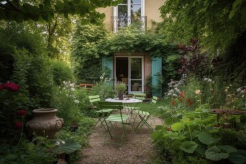 Obraz premium beautiful garden with bistro table and chairs for an dinner, created with generative ai