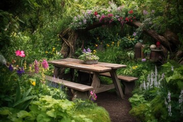 Fototapeta na wymiar a rustic picnic table, surrounded by lush greenery and blooming flowers, created with generative ai