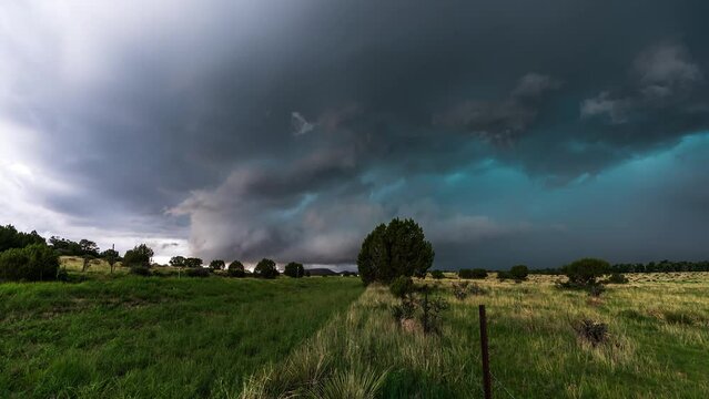 Beautiful Turquoise Supercell moving across New Mexico landscape Time-Lapse
