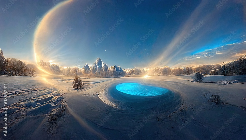 Poster a snow covered field with a blue hole in the middle of the ground and trees in the background with a
