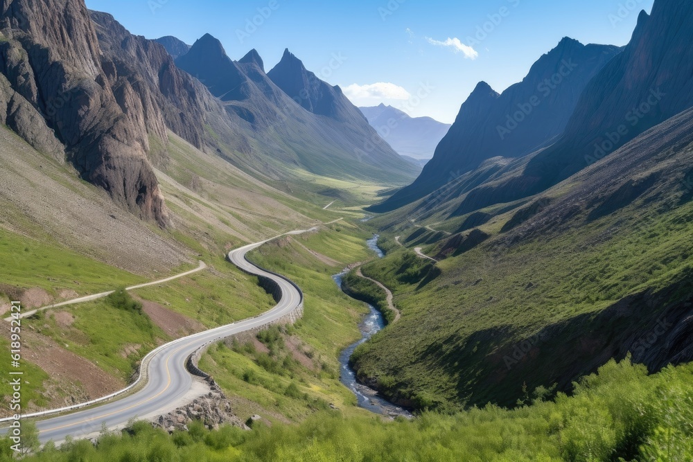 Canvas Prints scenic highway, with view of rugged mountain range, and winding river below, created with generative ai