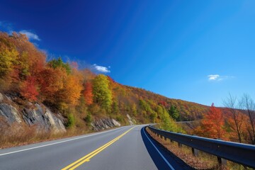 scenic highway in the autumn, with colorful leaves and clear blue sky, created with generative ai