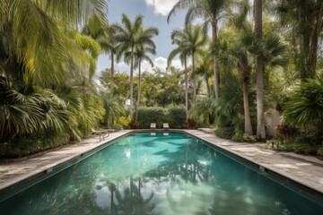 sparkling pool surrounded by lush greenery, with palm trees in the background, created with generative ai