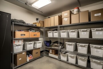 personal storage unit with neatly organized belongings and labeled boxes, created with generative ai
