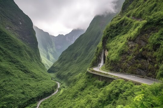 scenic highway surrounded by towering mountains, with waterfalls and greenery, created with generative ai