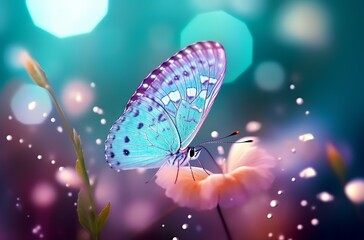Plakat An illustration of a Beautiful white butterfly on white flower buds on a soft blurred blue background spring or summer in nature. Romantic dreamy artistic image. Made with Generative AI technology
